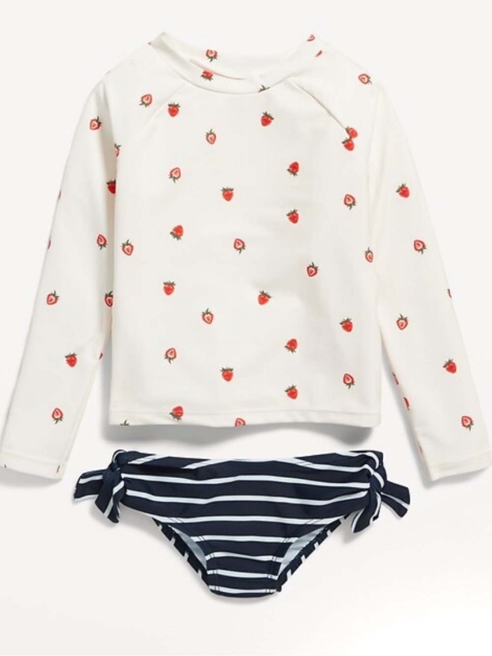 Two Piece Strawberry Rashguard Set with Navy Striped Bikini Bottoms 6-12M